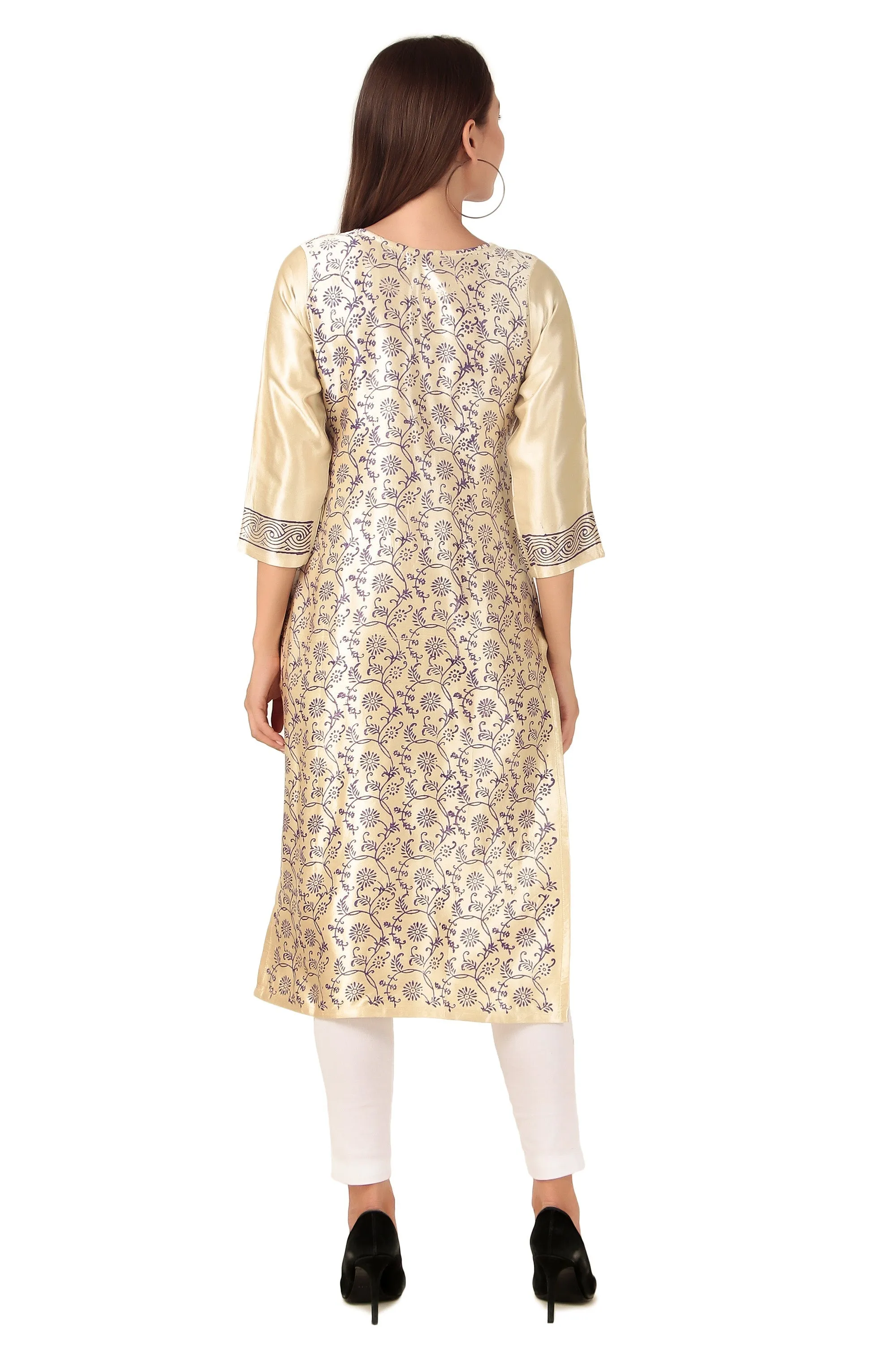 Ladyline Women's Formal Gaji Silk Tunic Kurti - Hand Block Printed and Mirror Work Indian Kurta