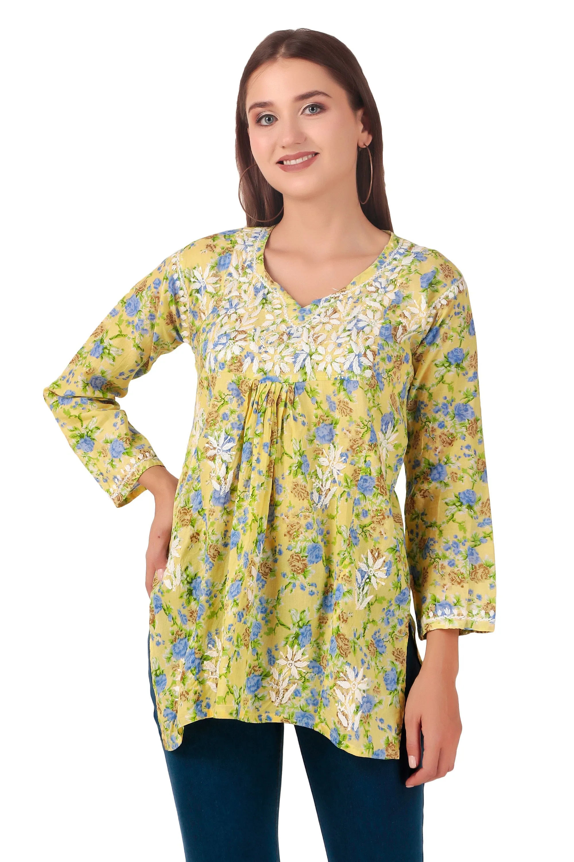 Ladyline Women's Lucknowi Hand Embroidered Tunic Top - Soft Lawn Cotton Kurti / Kurta