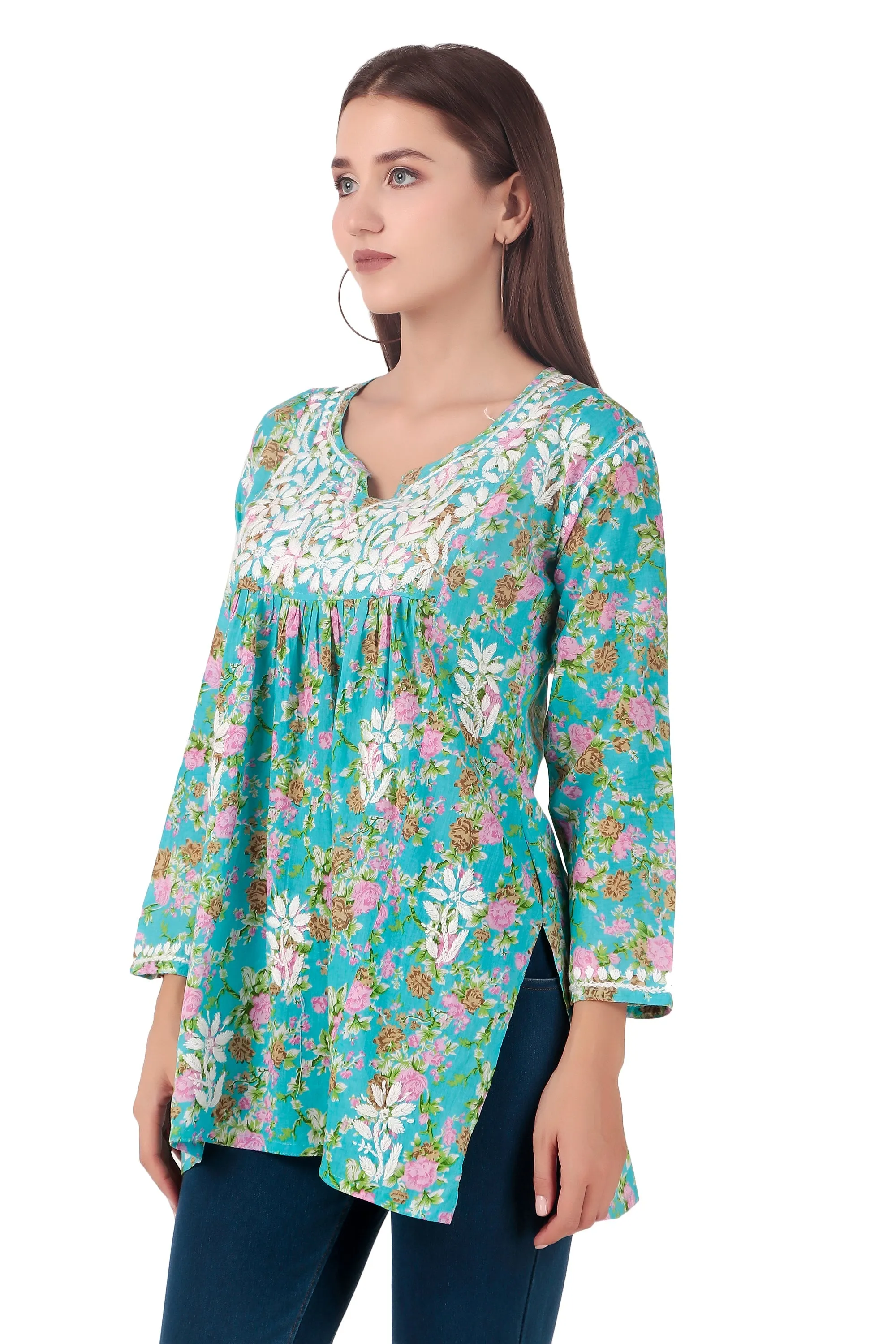 Ladyline Women's Lucknowi Hand Embroidered Tunic Top - Soft Lawn Cotton Kurti / Kurta