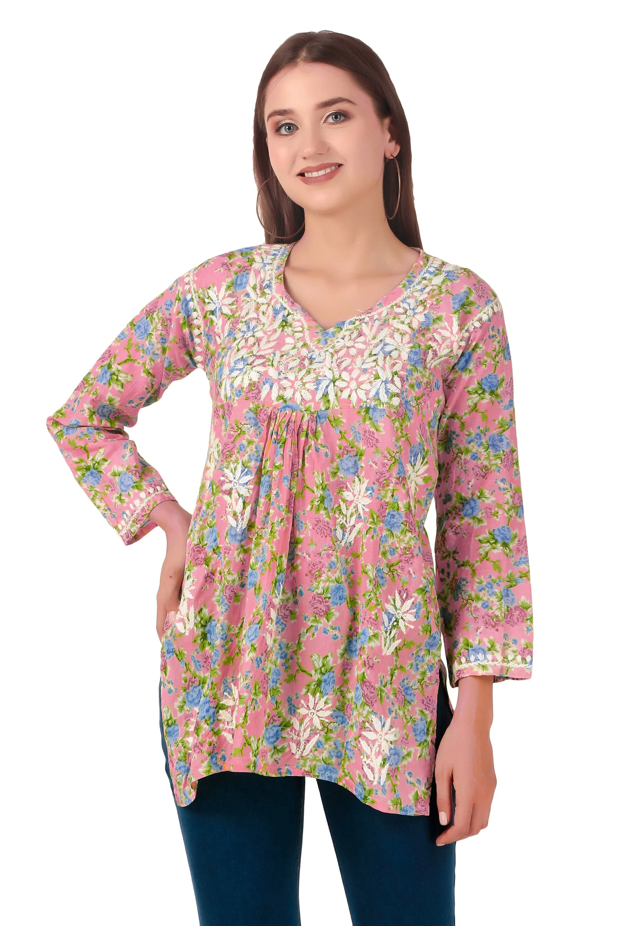 Ladyline Women's Lucknowi Hand Embroidered Tunic Top - Soft Lawn Cotton Kurti / Kurta