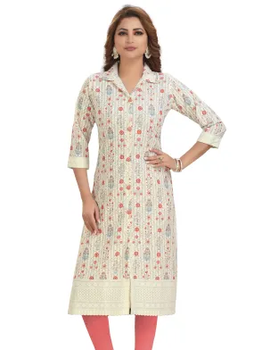 Ladyline Women's Rayon Chikankari Tunic - Shirt Collar, Printed, Front Slit, Button-Down Kurti/Kurta