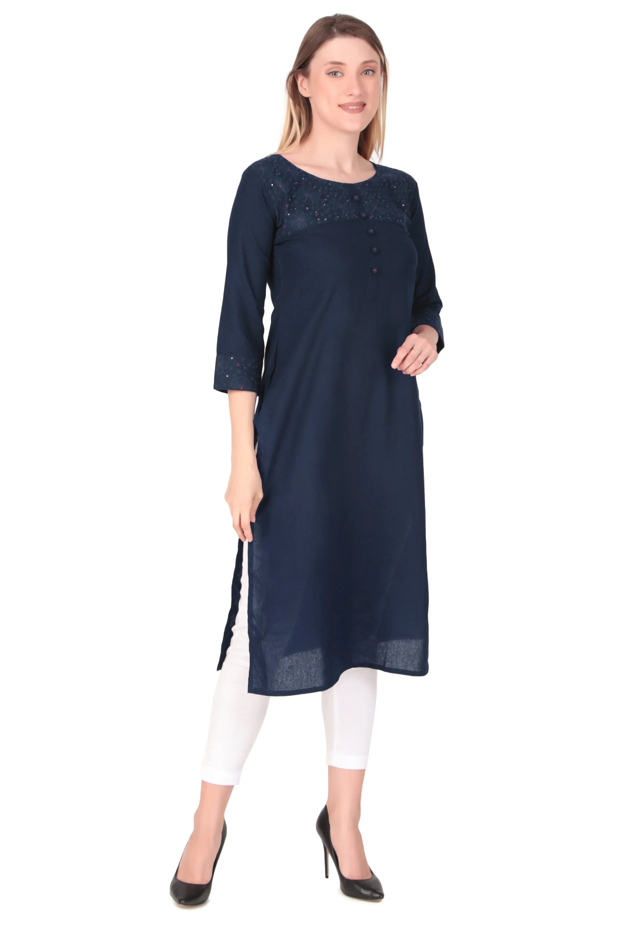 Ladyline Womens Rayon-Cotton Embroidered Kurti Tunic Plain Round Neck Buttons Indian Kurta