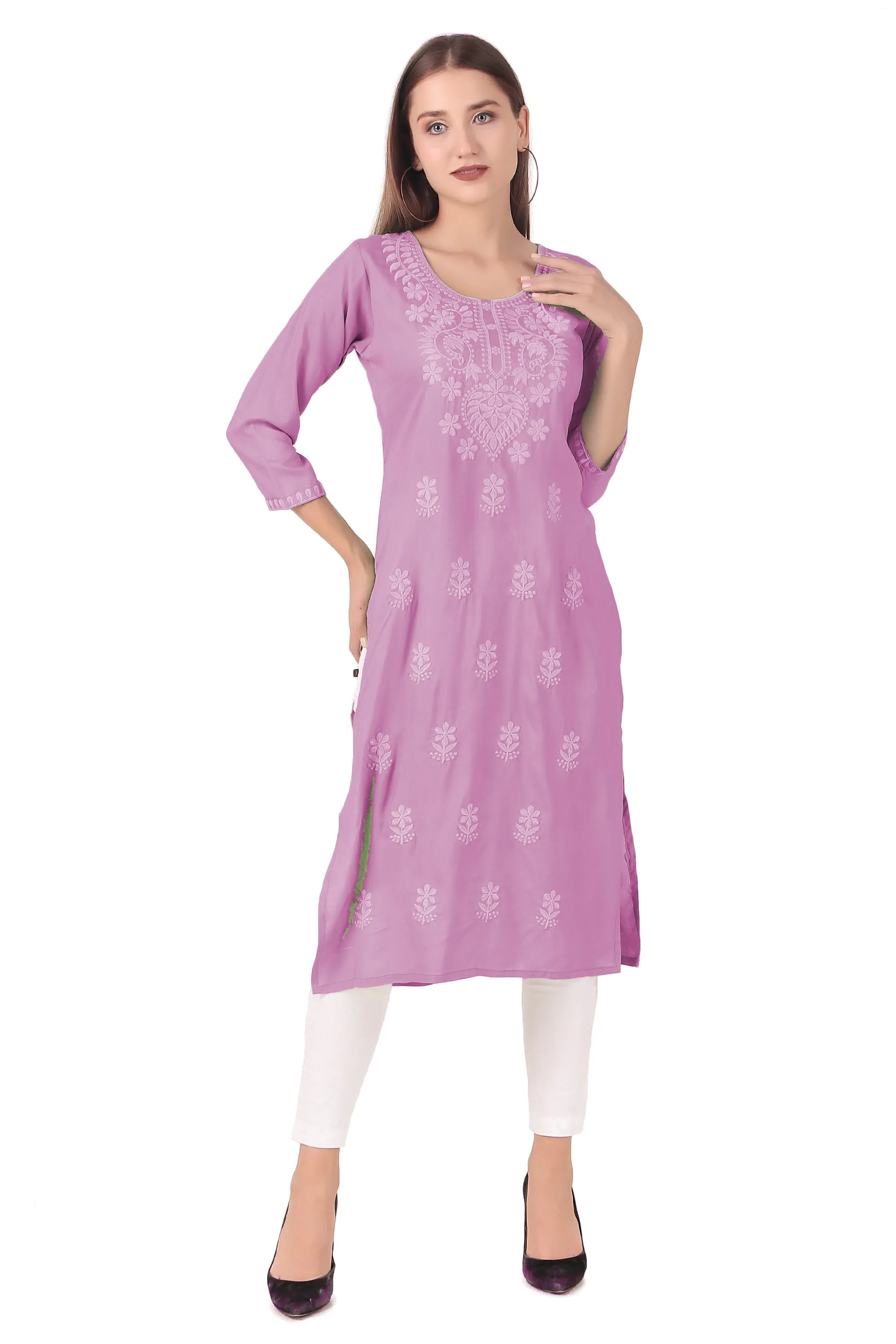 Ladyline Women's Rayon Tunic Top - Self Chikan Embroidered Plain Round Neck Kurti Kurta