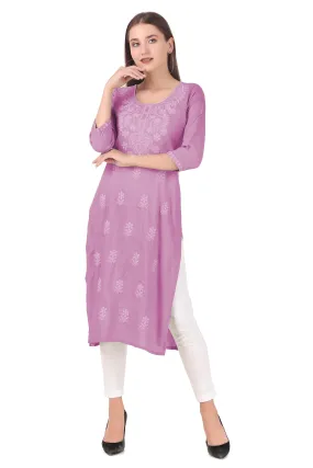 Ladyline Women's Rayon Tunic Top - Self Chikan Embroidered Plain Round Neck Kurti Kurta