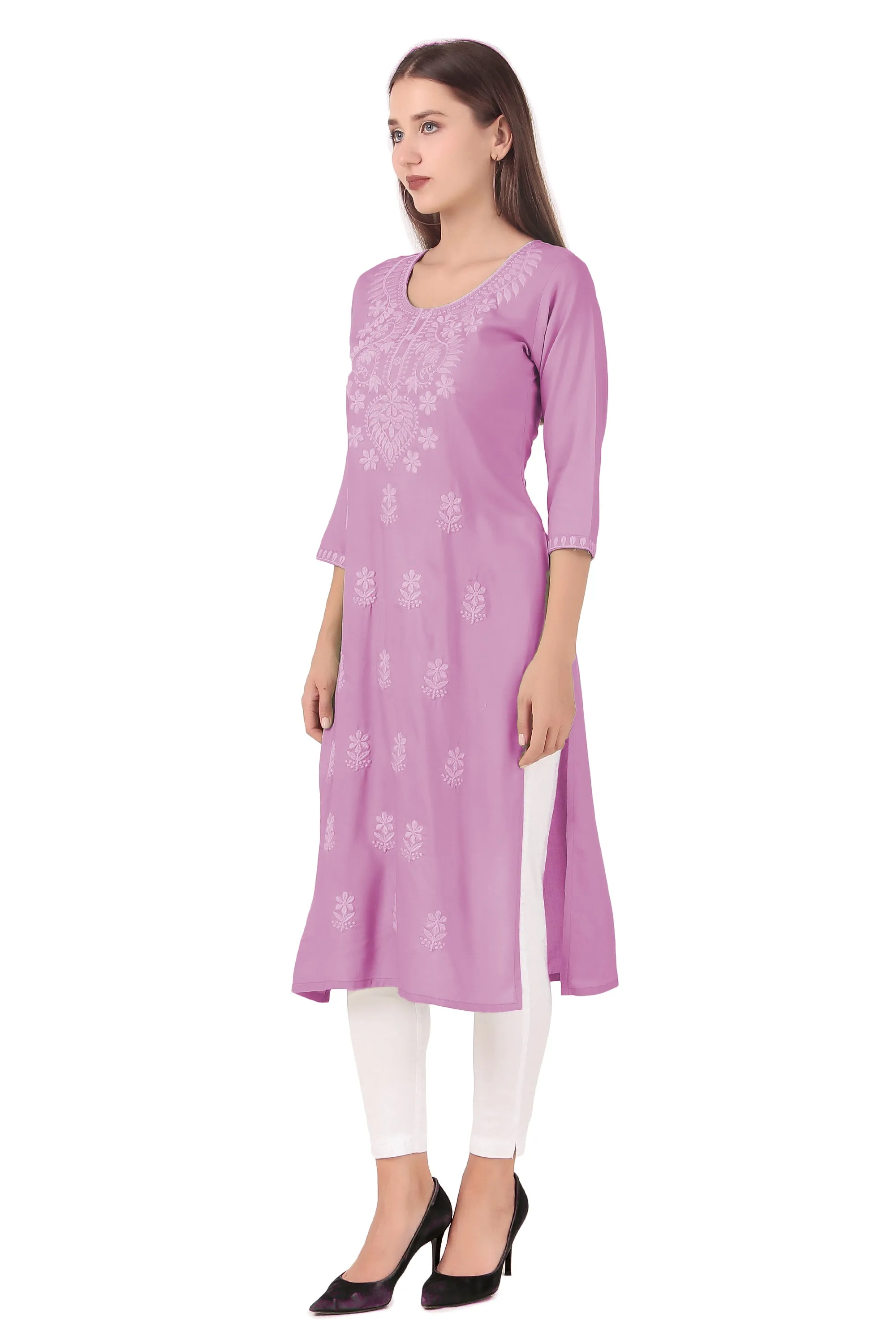 Ladyline Women's Rayon Tunic Top - Self Chikan Embroidered Plain Round Neck Kurti Kurta