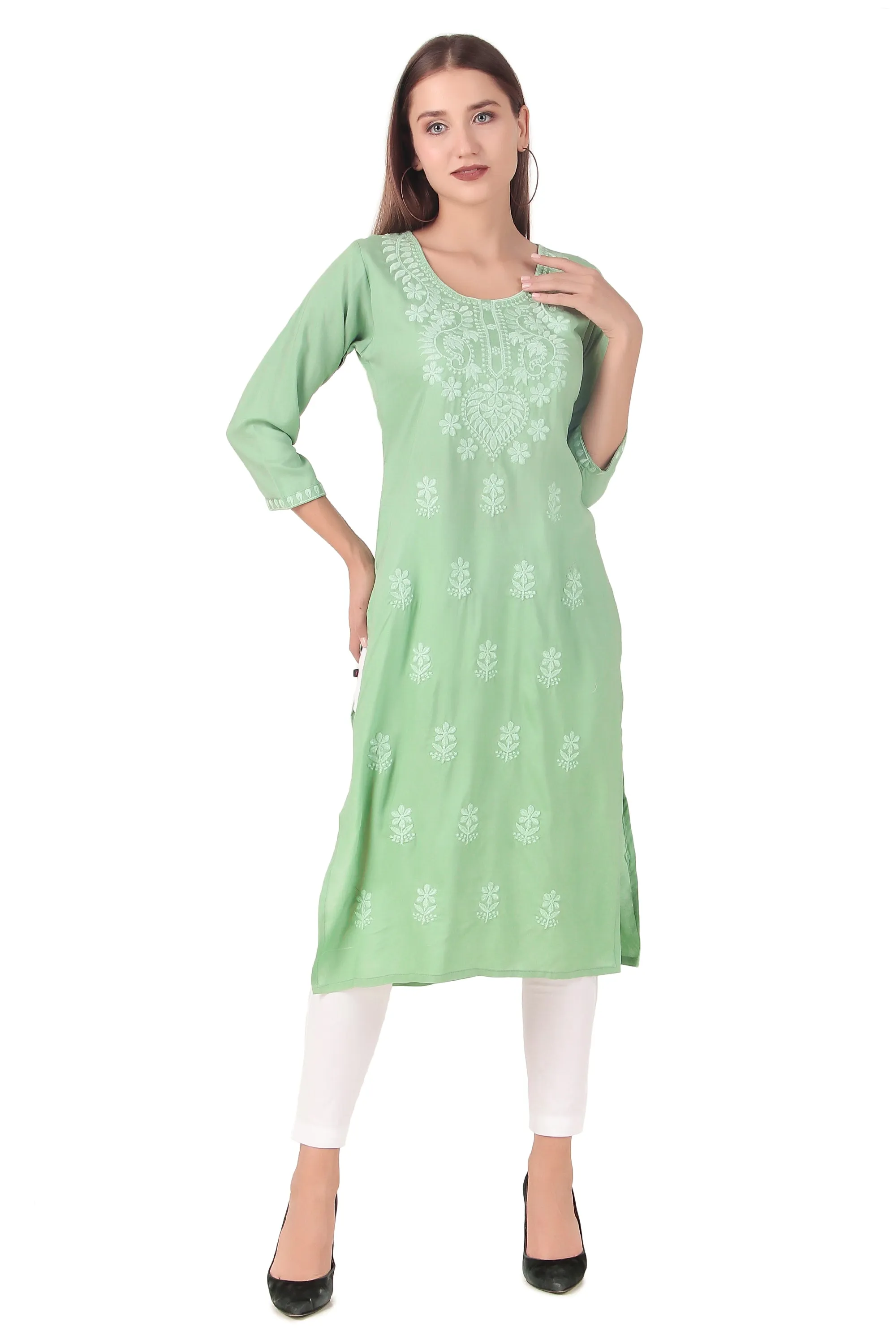 Ladyline Women's Rayon Tunic Top - Self Chikan Embroidered Plain Round Neck Kurti Kurta