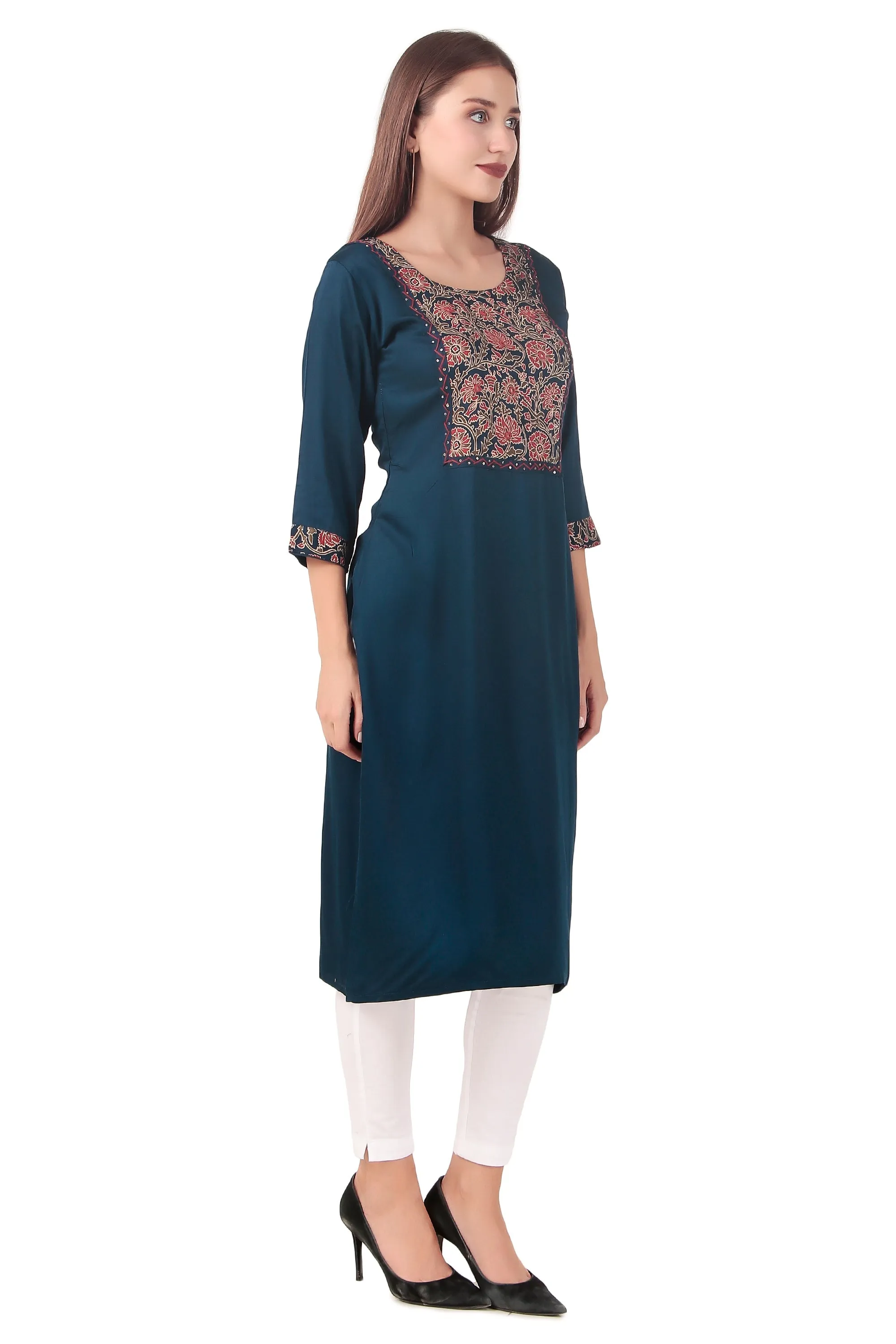 Ladyline Womens Stylish Silk Kurti Tunic Ajrakh Printed Hand Work Indian Kurta Dress