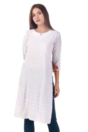 Ladyline Women's White Rayon Tunic Top - Chikankari Embroidered Round Neck Kurti Kurta