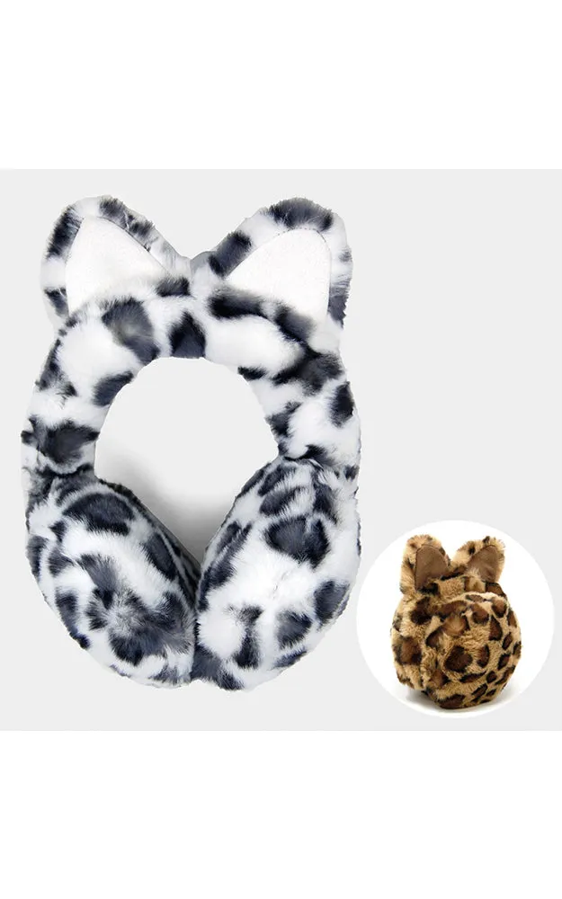 LOE002 Grey Leopard Cat Ear Faux Fur Earmuffs