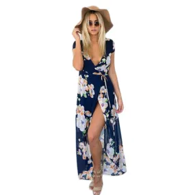 Long Dress Women Vintage Casual Bohemia Sexy Printed Chiffon Open Fork Maxi Dress Big sizes Vestidos de fiesta Feida