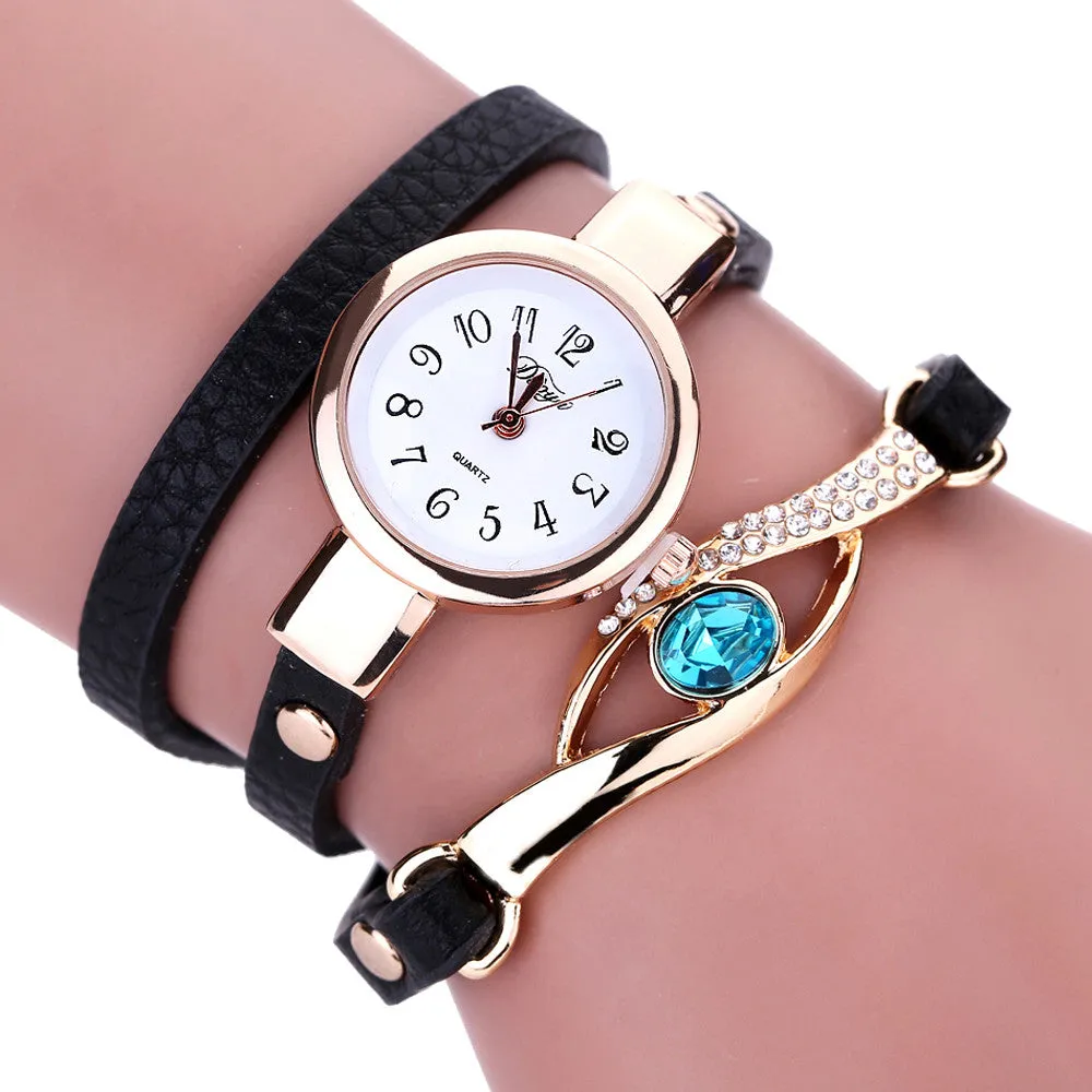 Luxury Rhinestone Watch Women Leather Round Bracelet Wristwatches Dress Watch Vintage Clock Lady Quartz Clock for Girl