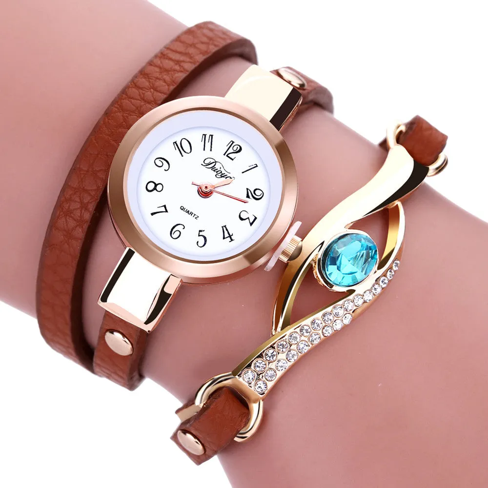 Luxury Rhinestone Watch Women Leather Round Bracelet Wristwatches Dress Watch Vintage Clock Lady Quartz Clock for Girl