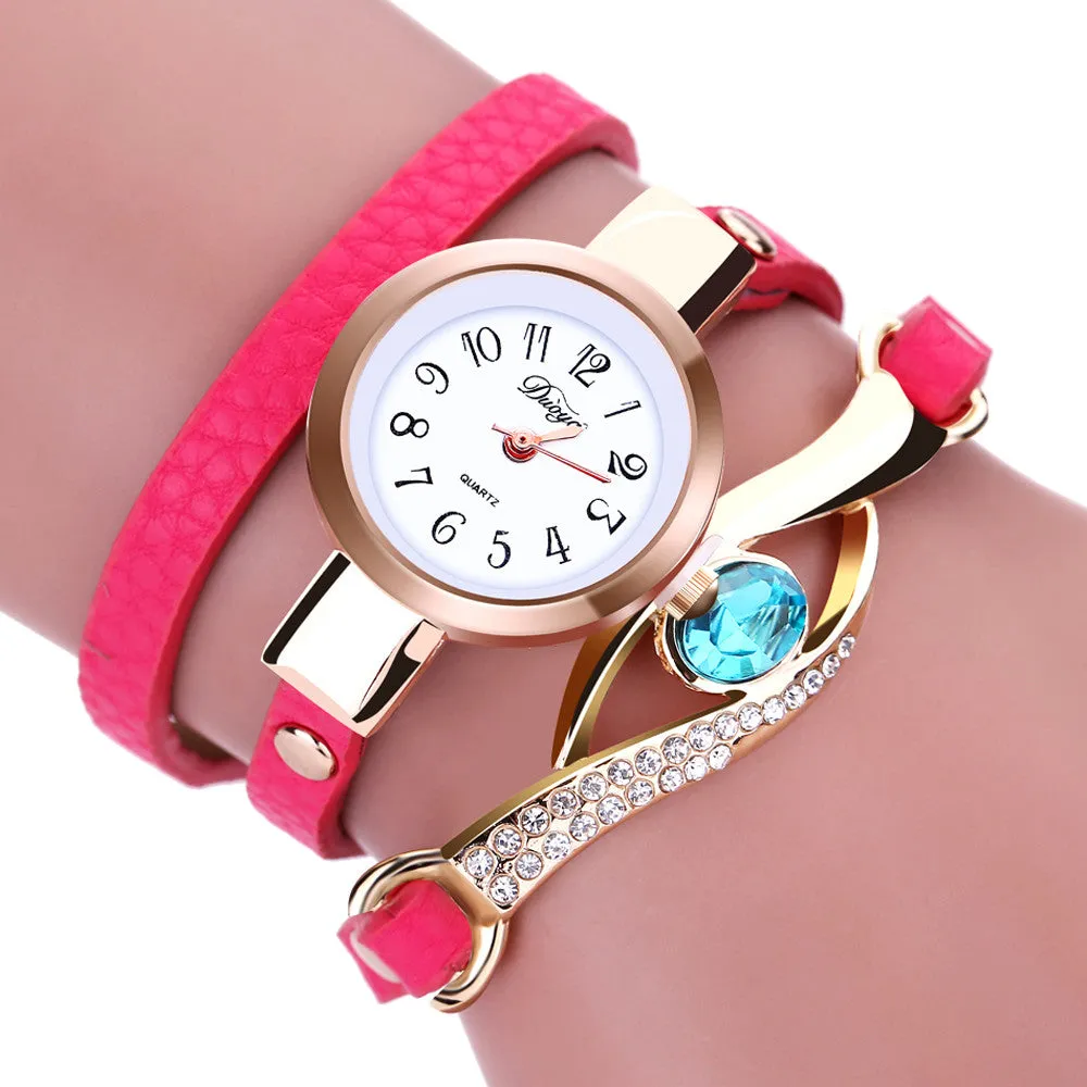 Luxury Rhinestone Watch Women Leather Round Bracelet Wristwatches Dress Watch Vintage Clock Lady Quartz Clock for Girl