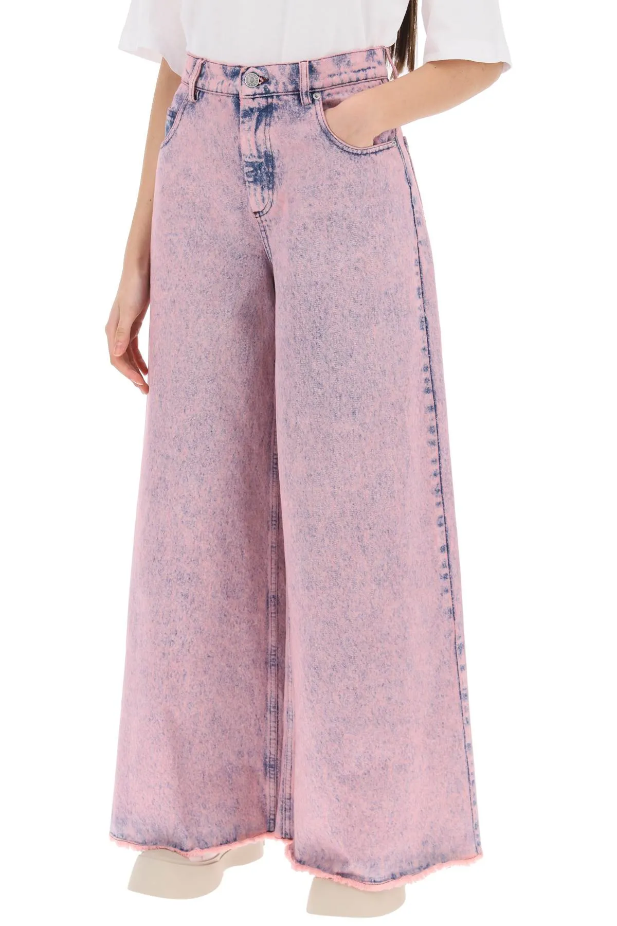 MARNI Pink Wide Leg Jeans for Women - Marble-washed Overdyed Denim, Frayed Hem, Size 38