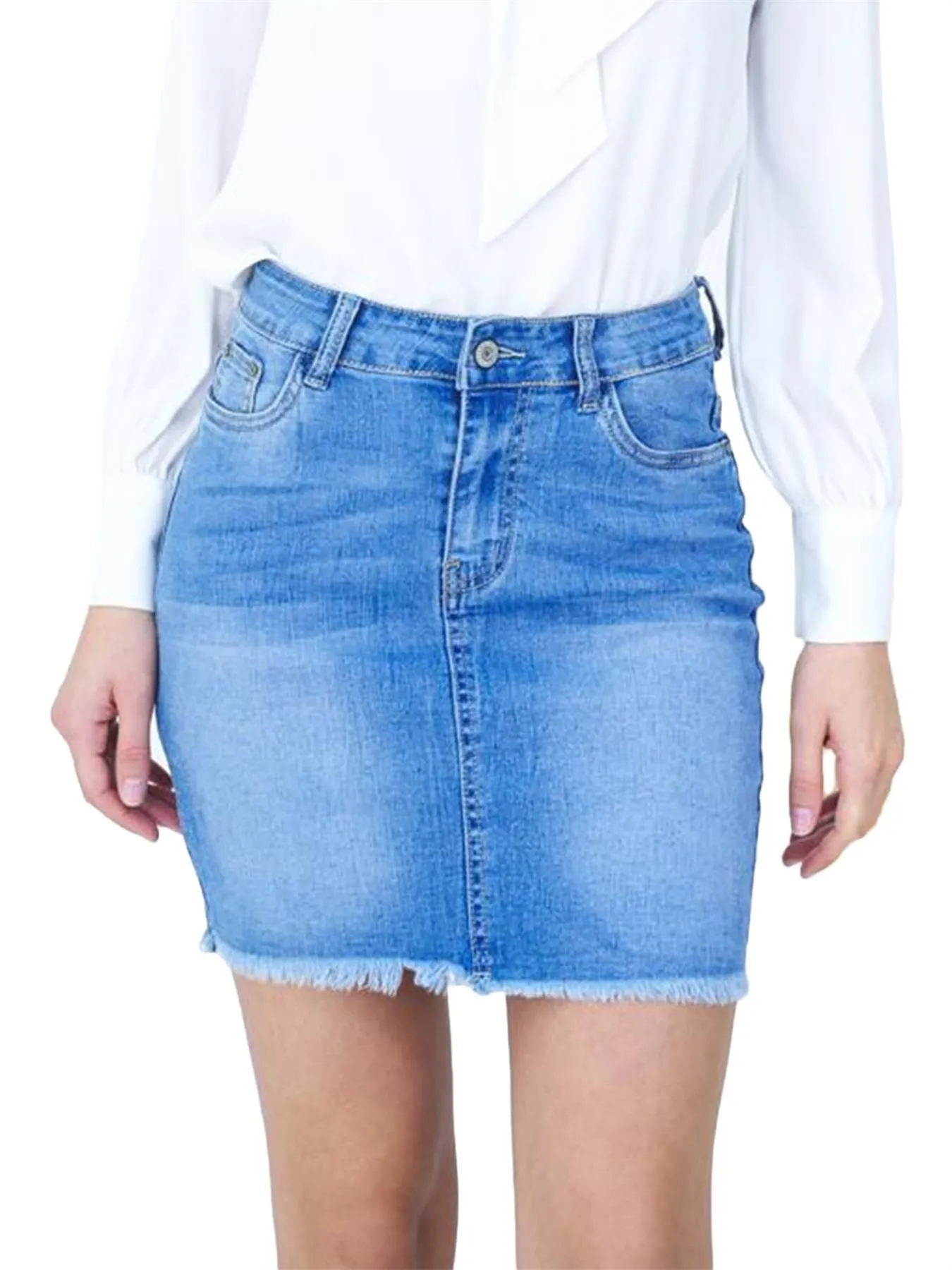 Mid Waist Denim Short Pencil Skirt, Denim Blue, UK sizes 6 to 14