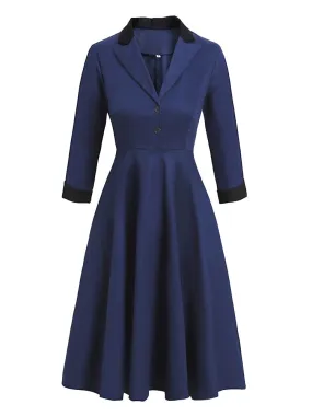 Navy Blue Notched Collar Button High Waist Vintage Robe Women Swing Dress Autumn 3/4 Length Sleeve A-Line Dress