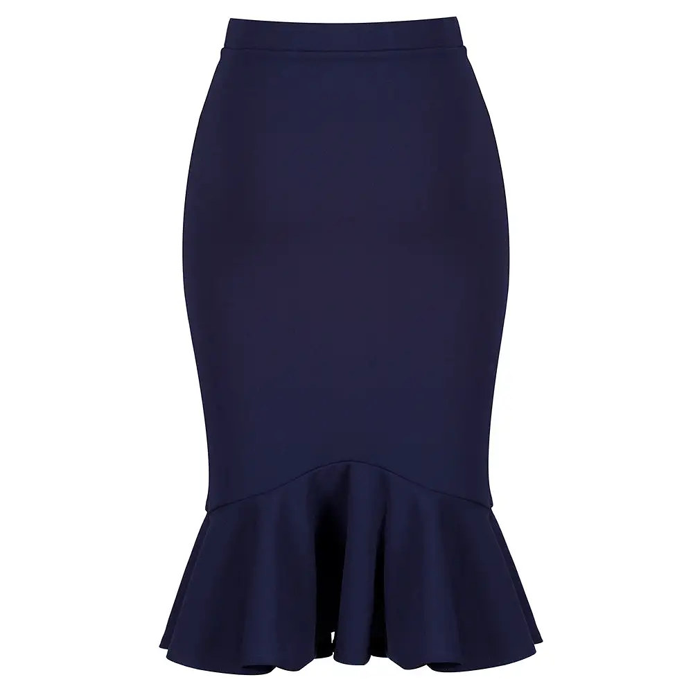 Navy Blue Peplum Fishtail Stretch Pencil Bodycon Skirt