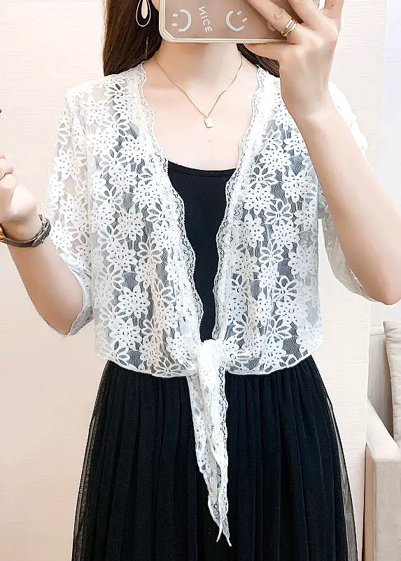 New White V Neck Lace Up Lace Cardigan Half Sleeve AS1028