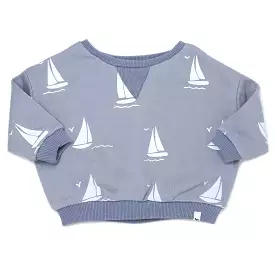 oh baby! Cotton French Terry V Collar Boxy Sweatshirt - Sailboats Print - Fog