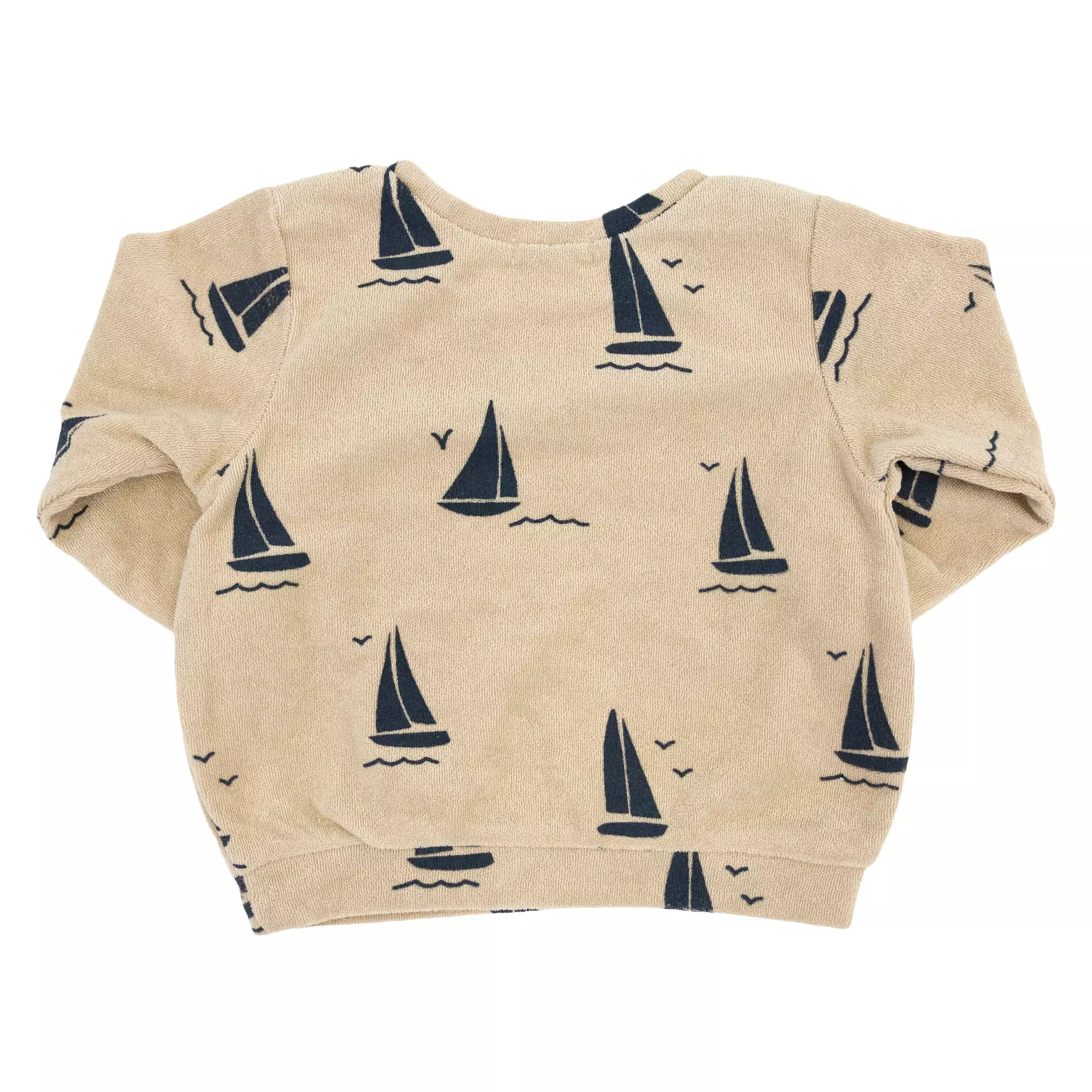 oh baby! Cotton Terry Boxy Sweatshirt - Denim Sailboats Print - Sand