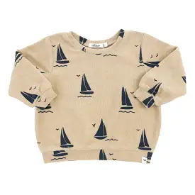 oh baby! Cotton Terry Boxy Sweatshirt - Denim Sailboats Print - Sand