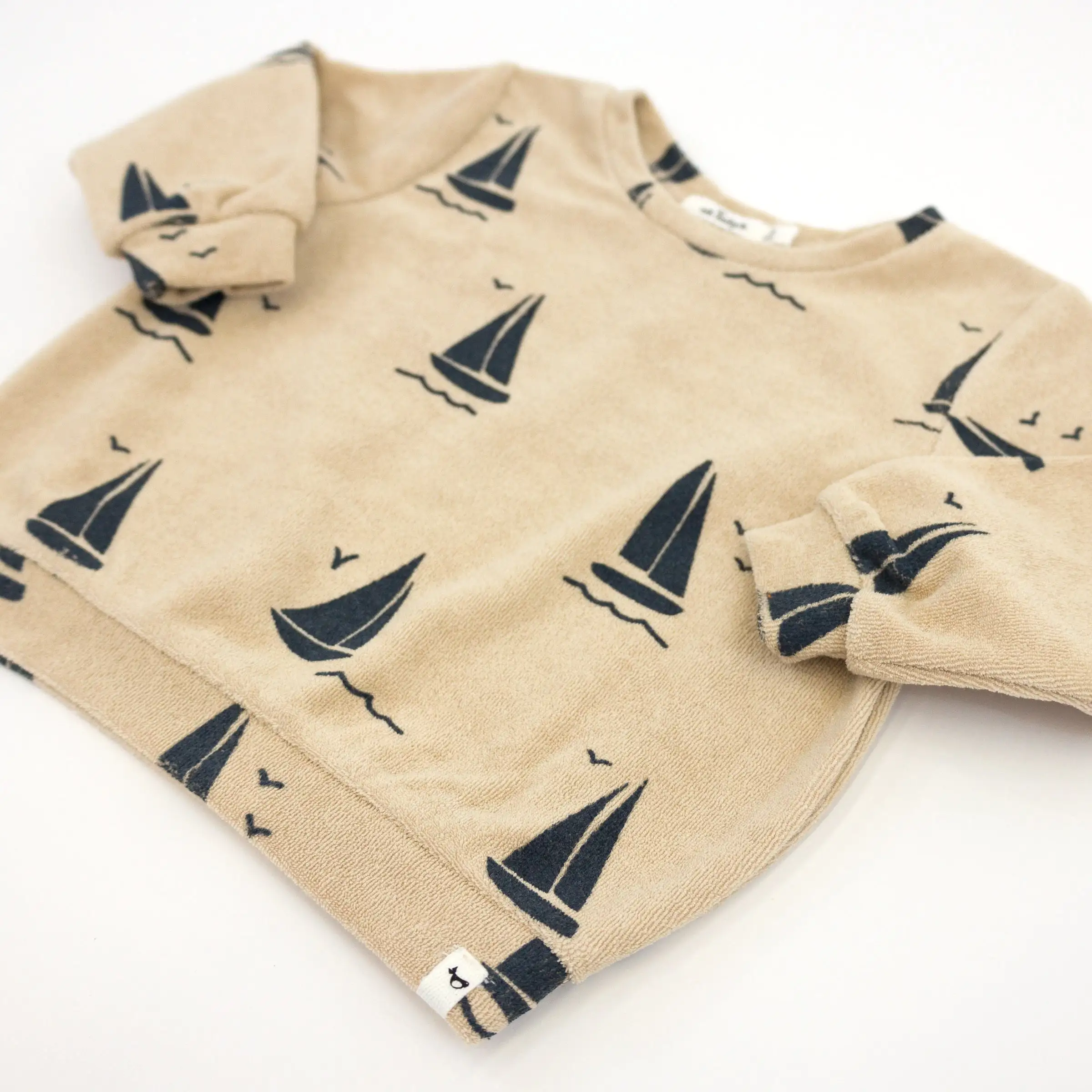 oh baby! Cotton Terry Boxy Sweatshirt - Denim Sailboats Print - Sand