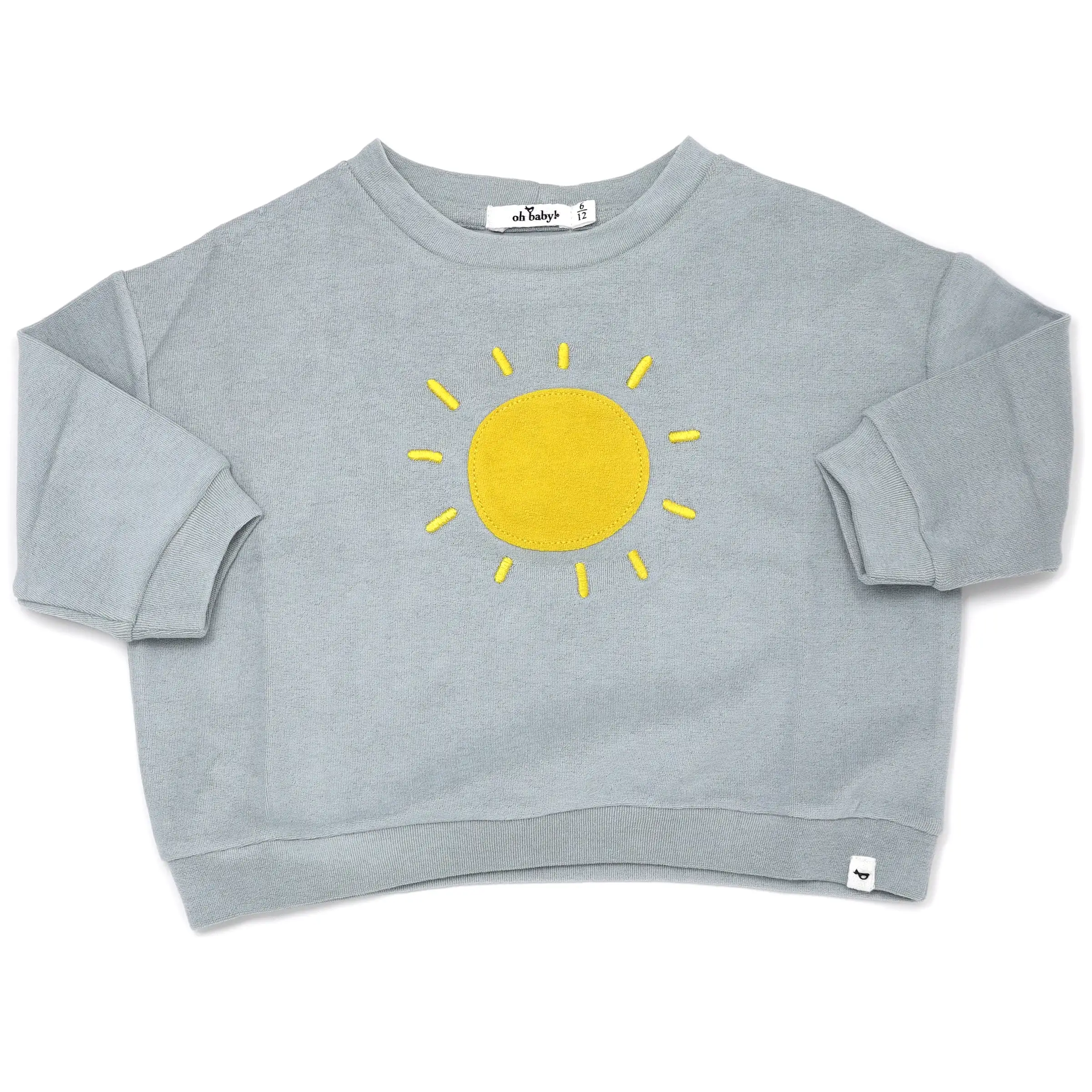 oh baby! Cotton Terry Slouch Boxy Sweatshirt - Yellow Sun Applique - Mist Blue