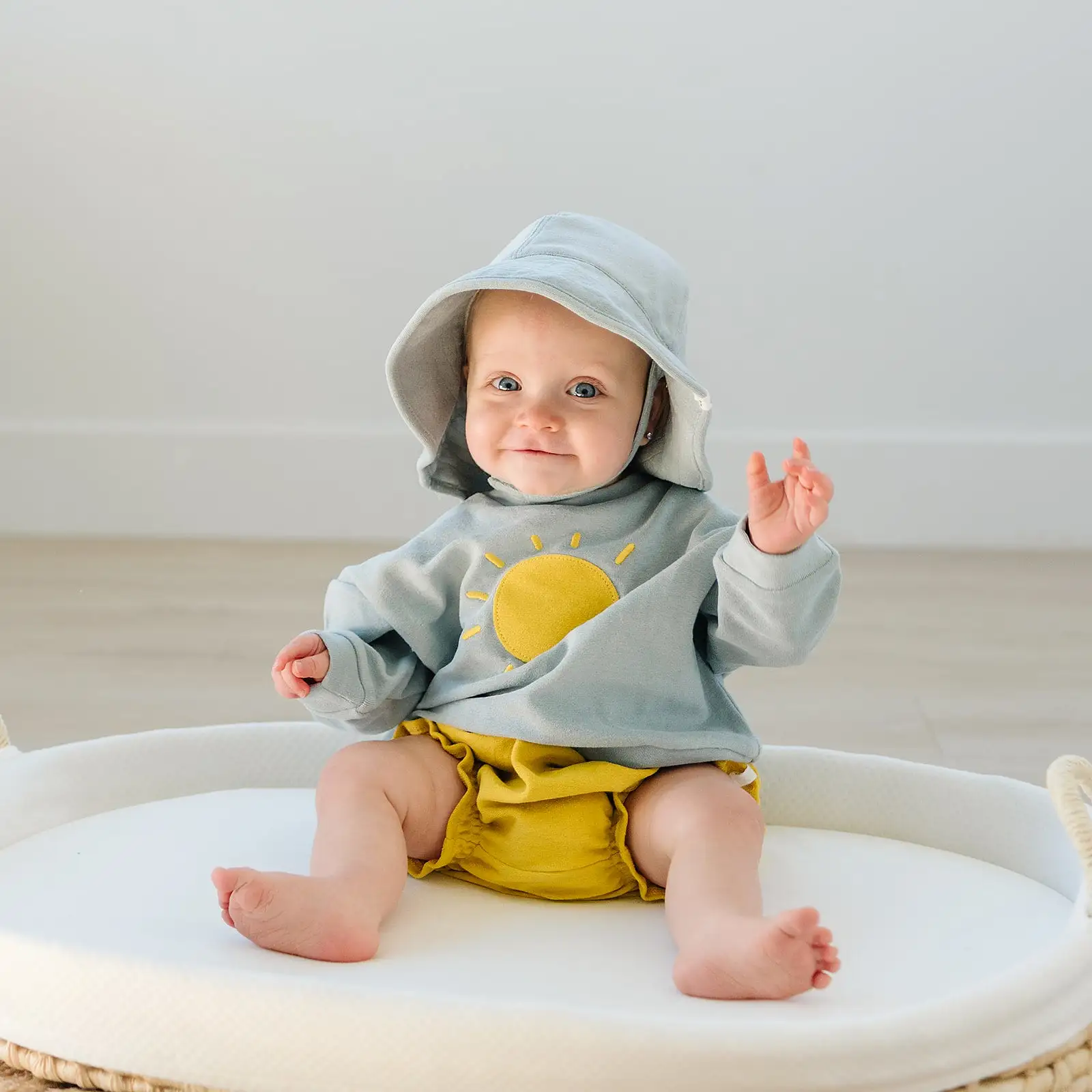 oh baby! Cotton Terry Slouch Boxy Sweatshirt - Yellow Sun Applique - Mist Blue