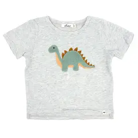 oh baby! Raw Edge Short Sleeve Cotton Slub Tee - Dinosaur Applique - Heather Gray