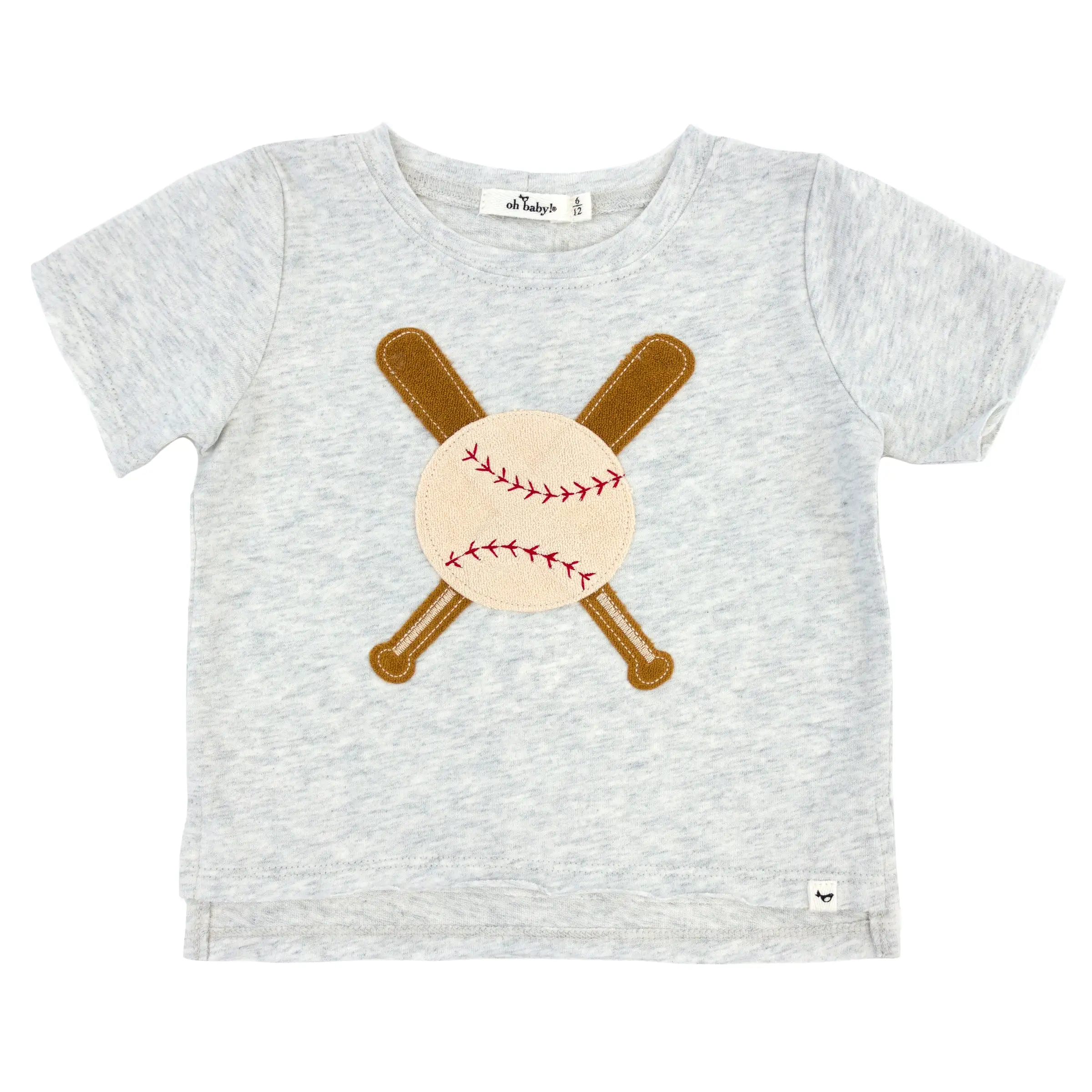 oh baby! Raw Edge Short Sleeve Cotton Slub Tee - Vintage Baseball Applique - Heather Gray