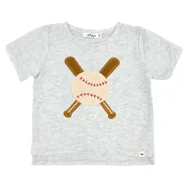 oh baby! Raw Edge Short Sleeve Cotton Slub Tee - Vintage Baseball Applique - Heather Gray