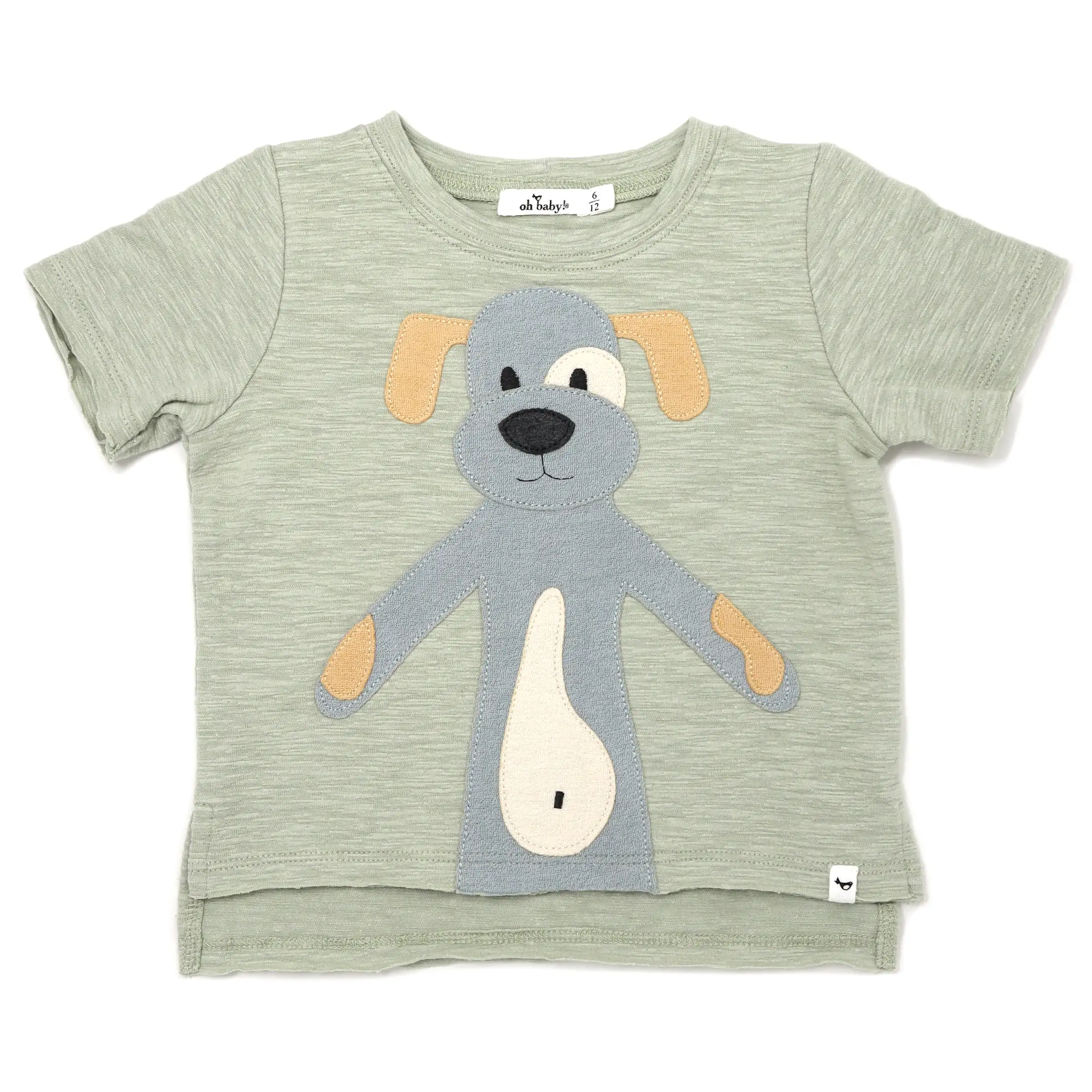 oh baby! Slub Raw Edge Tee - Large Puppy Mist Terry Applique - Sage Heather