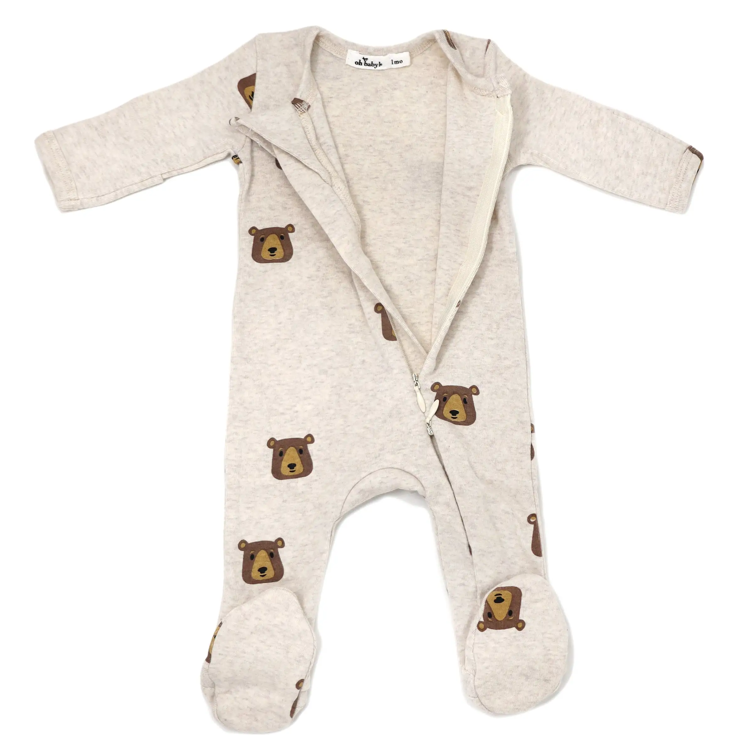 oh baby! Zipper Footie Brown Bear Faces Print - Sand