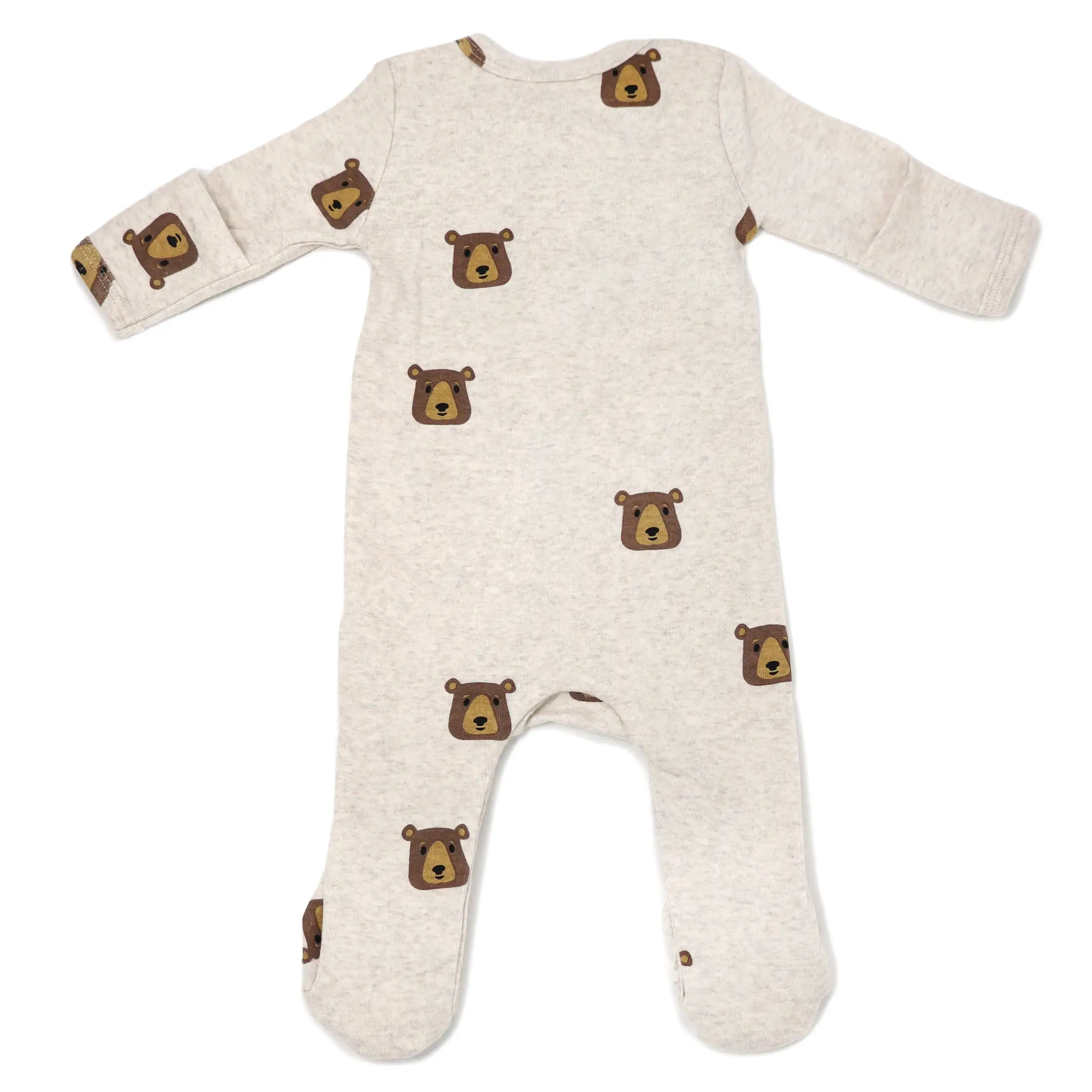 oh baby! Zipper Footie Brown Bear Faces Print - Sand