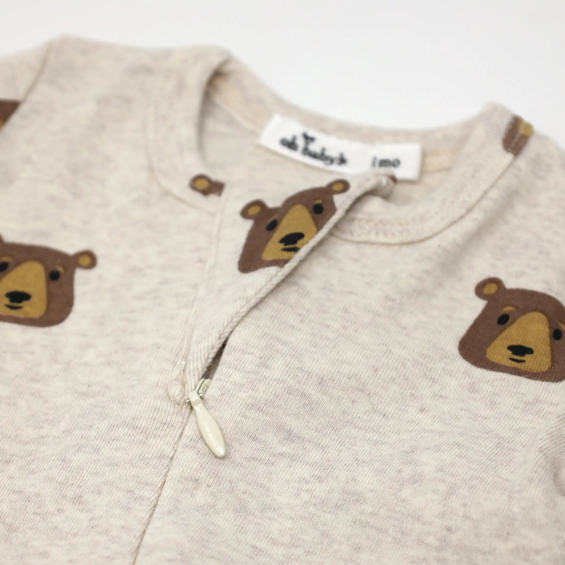 oh baby! Zipper Footie Brown Bear Faces Print - Sand