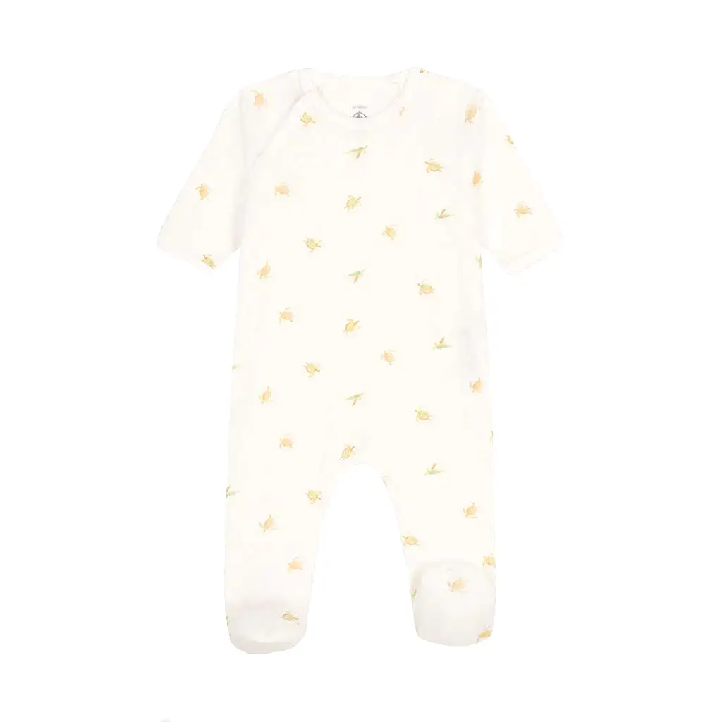 Petit Bateau Organic Cotton Side Snap Footie - Turtle Print - White