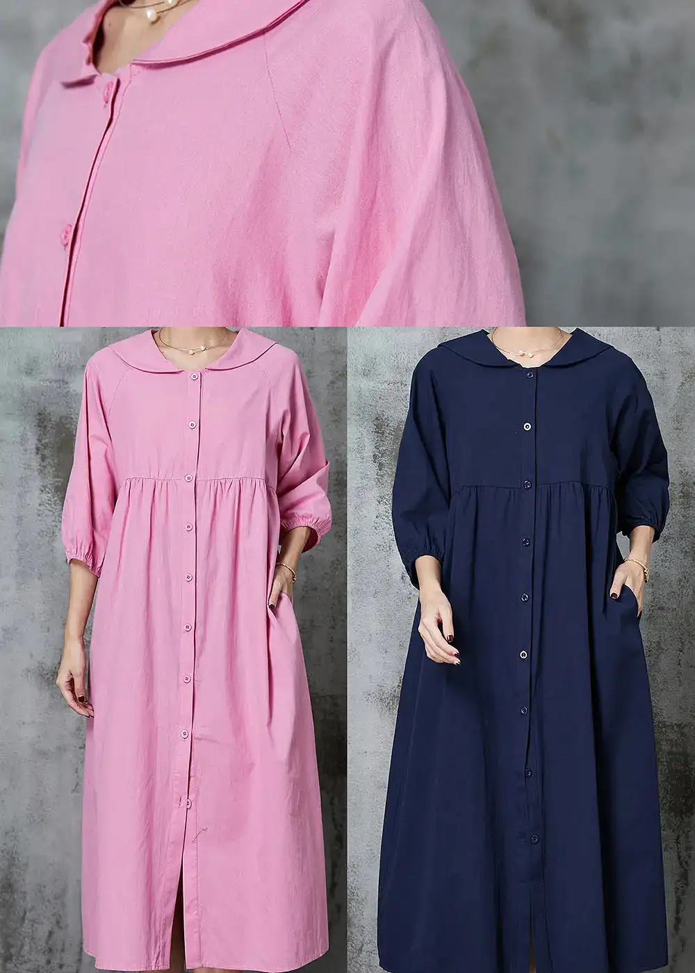 Pink Cotton Long Dresses Oversized Button Down Half Sleeve JK1009