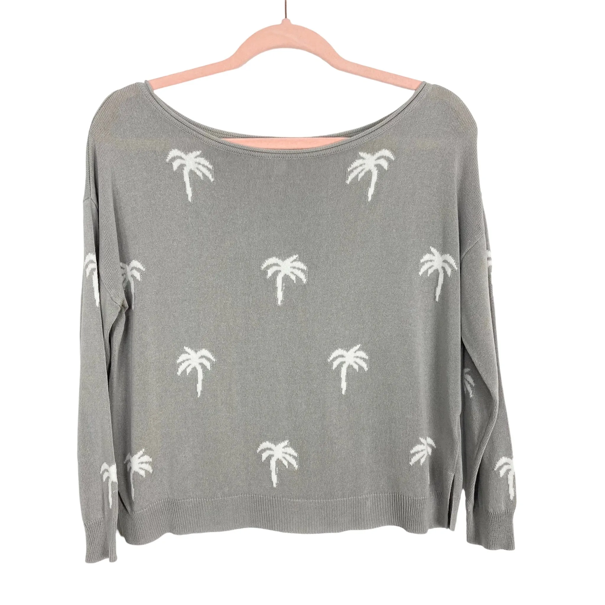 Pink Lily Grey Palm Tree Boat Neck Sweater Top- Size S