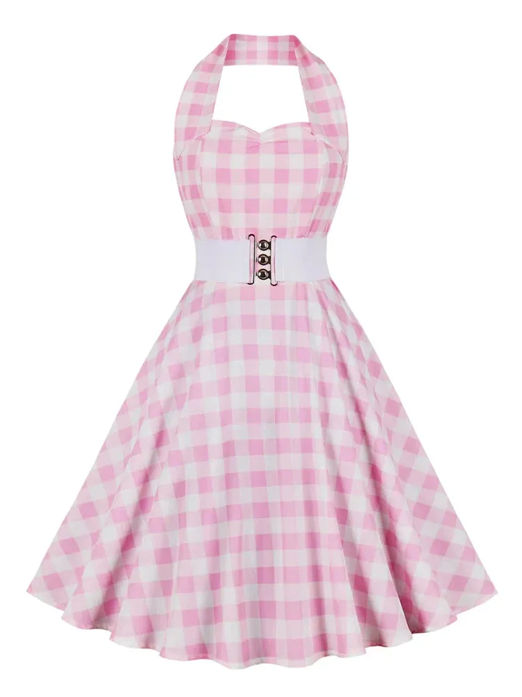 Pink Plaid Dress with Elastic Belt Women Halter Neck Backless 50s Vintage Cocktail Birthday Party Sexy Dresses