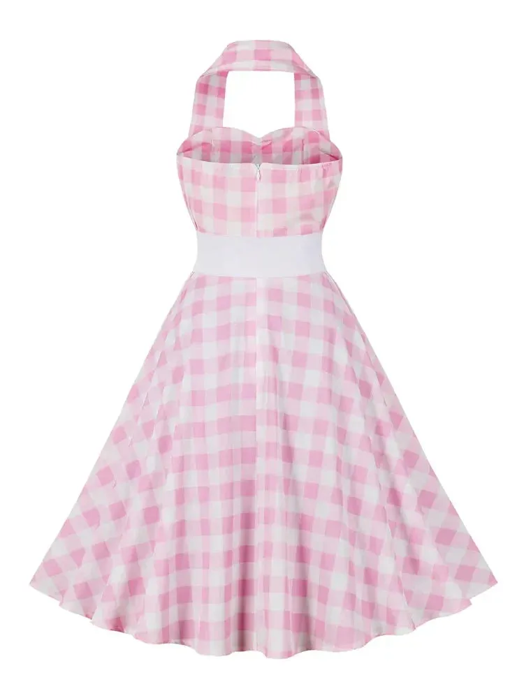 Pink Plaid Dress with Elastic Belt Women Halter Neck Backless 50s Vintage Cocktail Birthday Party Sexy Dresses