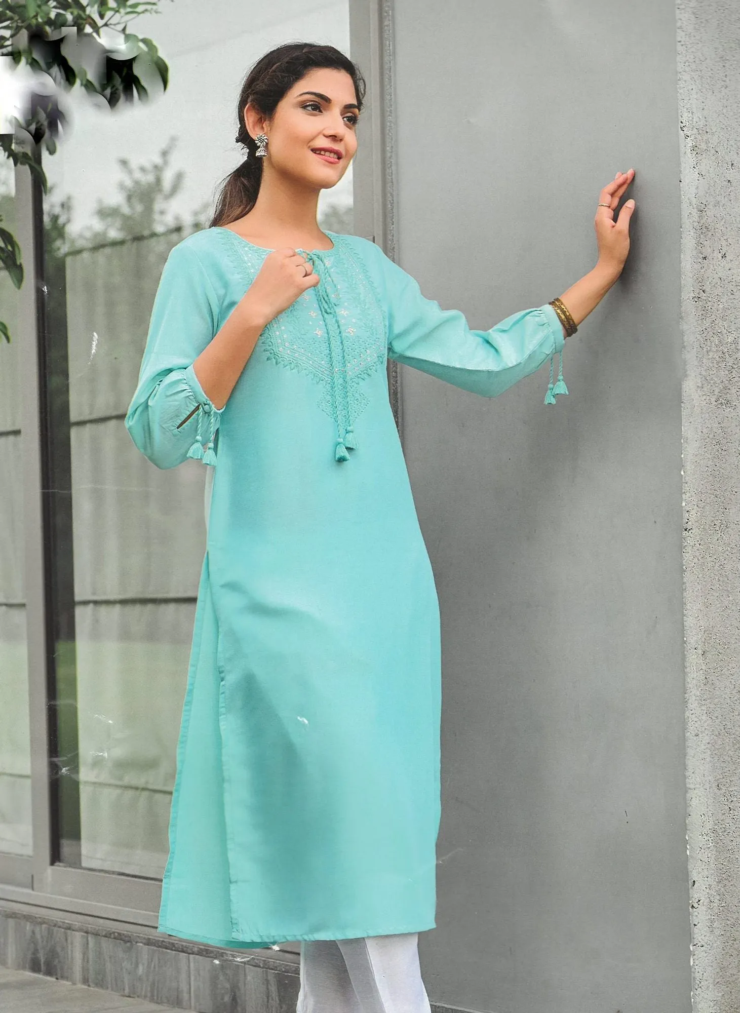 Plain Rayon Embroidered Long Kurti for Women Fancy Sleeves Kurta Tunic Top Indian Dress