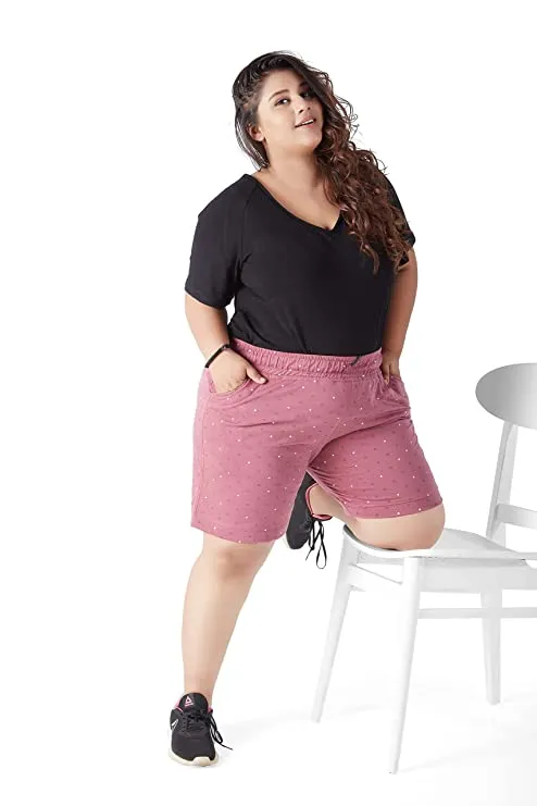 Plus Size Cotton Shorts For Women - Printed Bermuda - Mauve