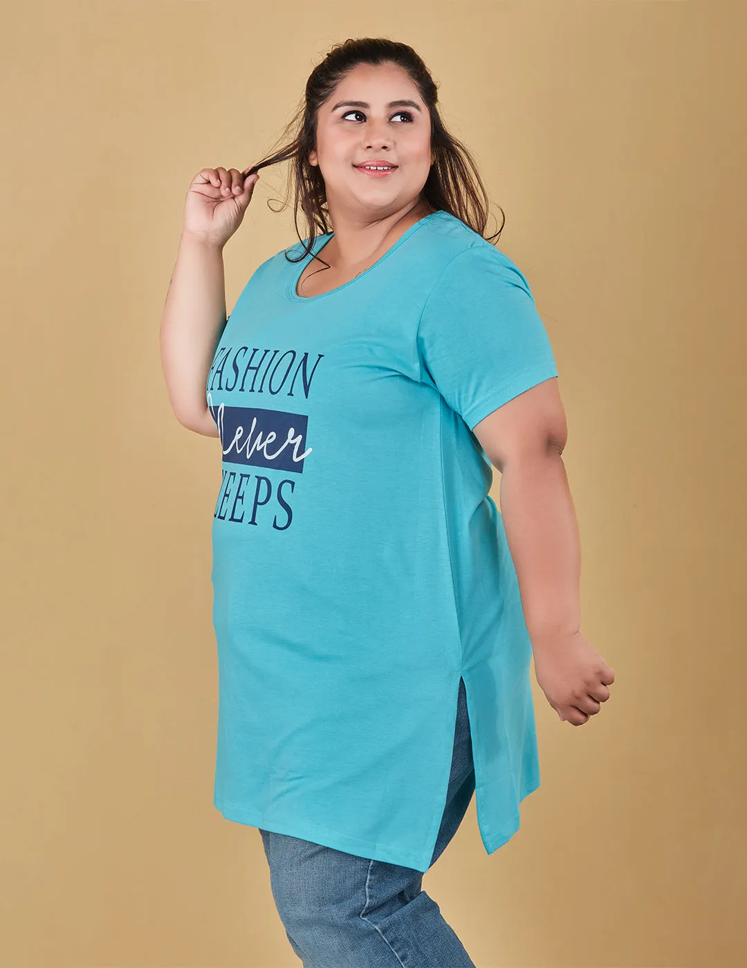 Plus Size Long T-shirt For Women - Half Sleeve - Turquoise