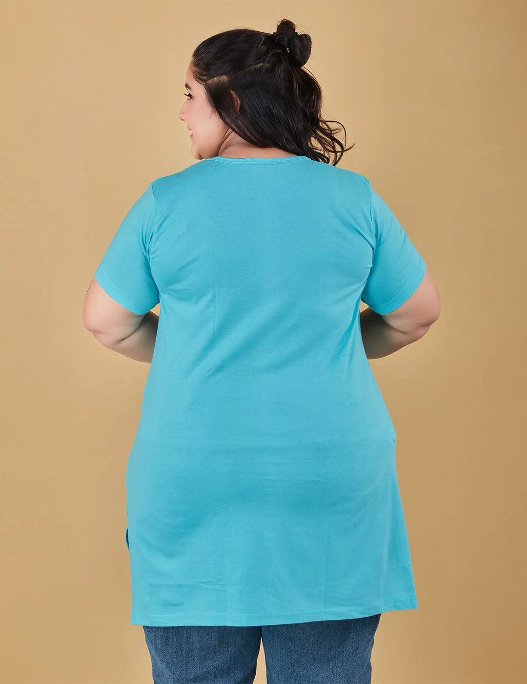 Plus Size Long T-shirt For Women - Half Sleeve - Turquoise