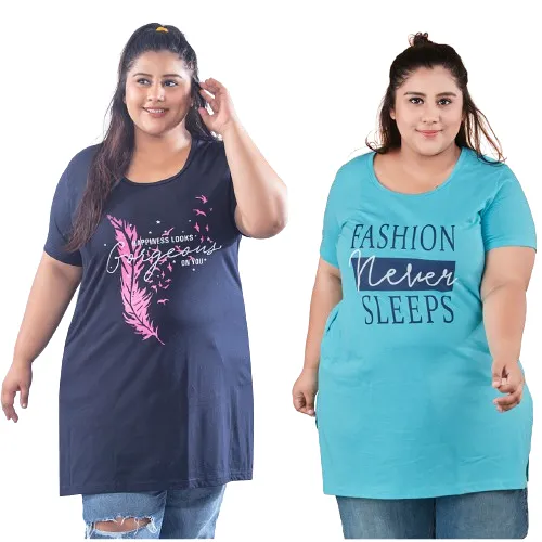 Plus Size Long T-shirts For Women - Half Sleeve - Pack of 2 (Navy & Turquoise)