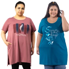 Plus Size Long T-shirts For Women - Half Sleeve - Pack of 2 (Teal/Mauve)