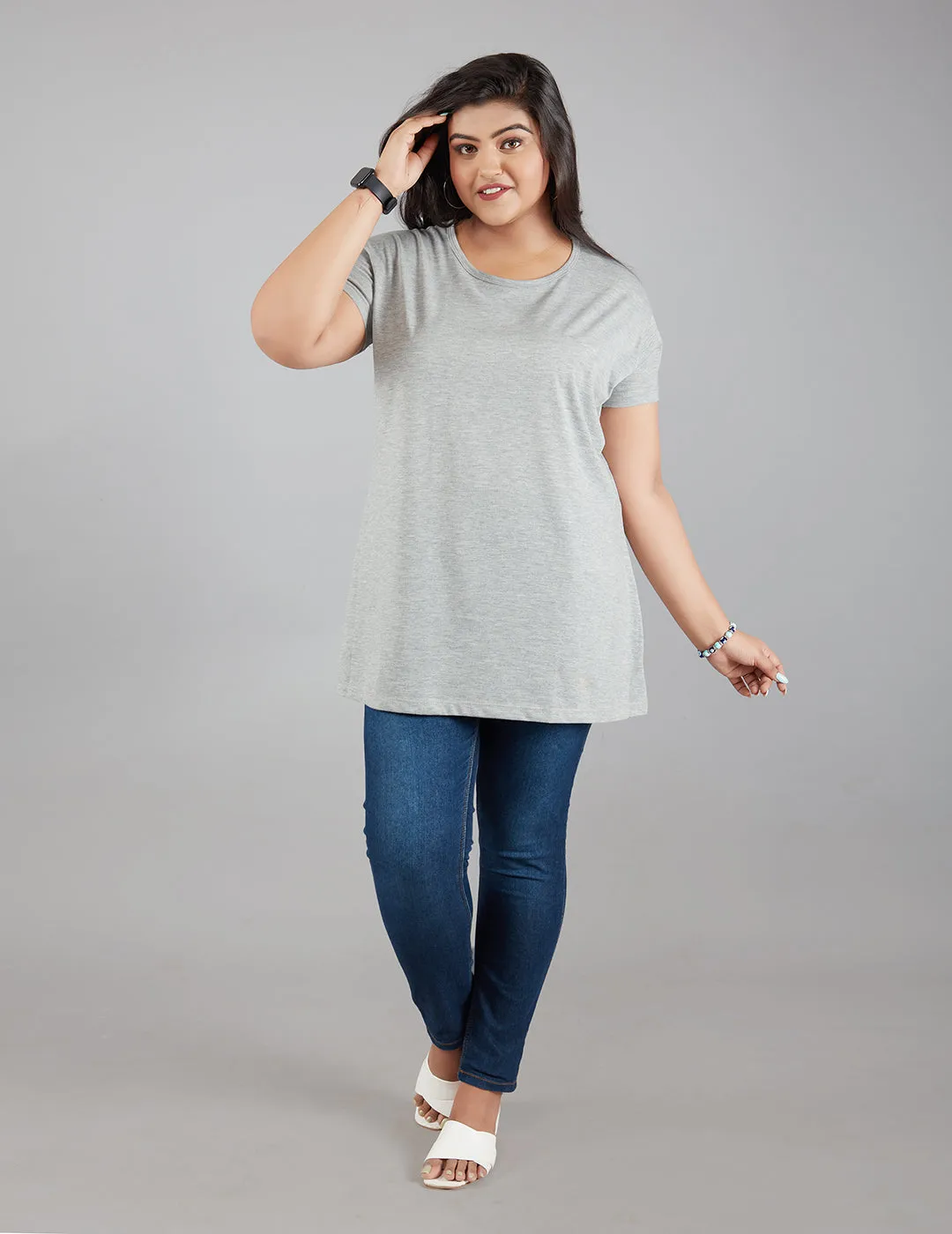 Plus Size Plain Cotton T-Shirt For Women - Grey