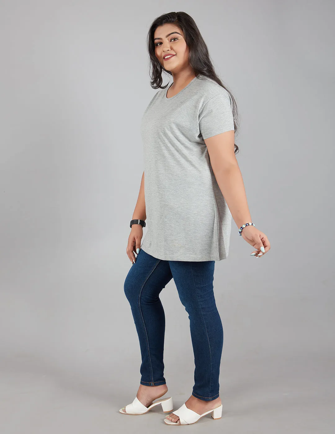 Plus Size Plain Cotton T-Shirt For Women - Grey