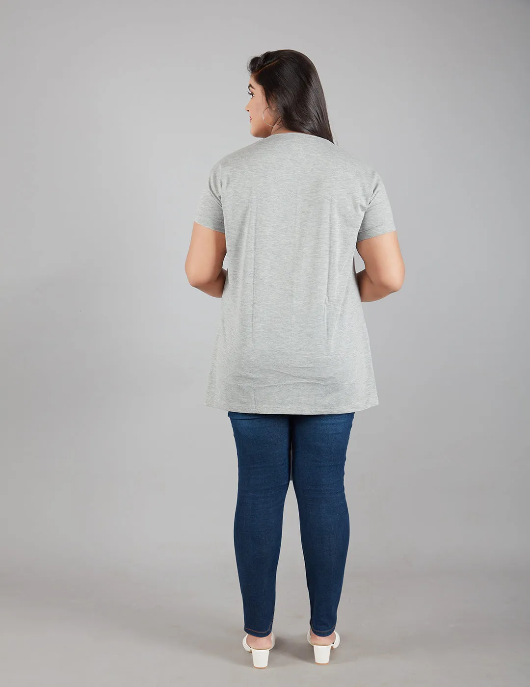 Plus Size Plain Cotton T-Shirt For Women - Grey