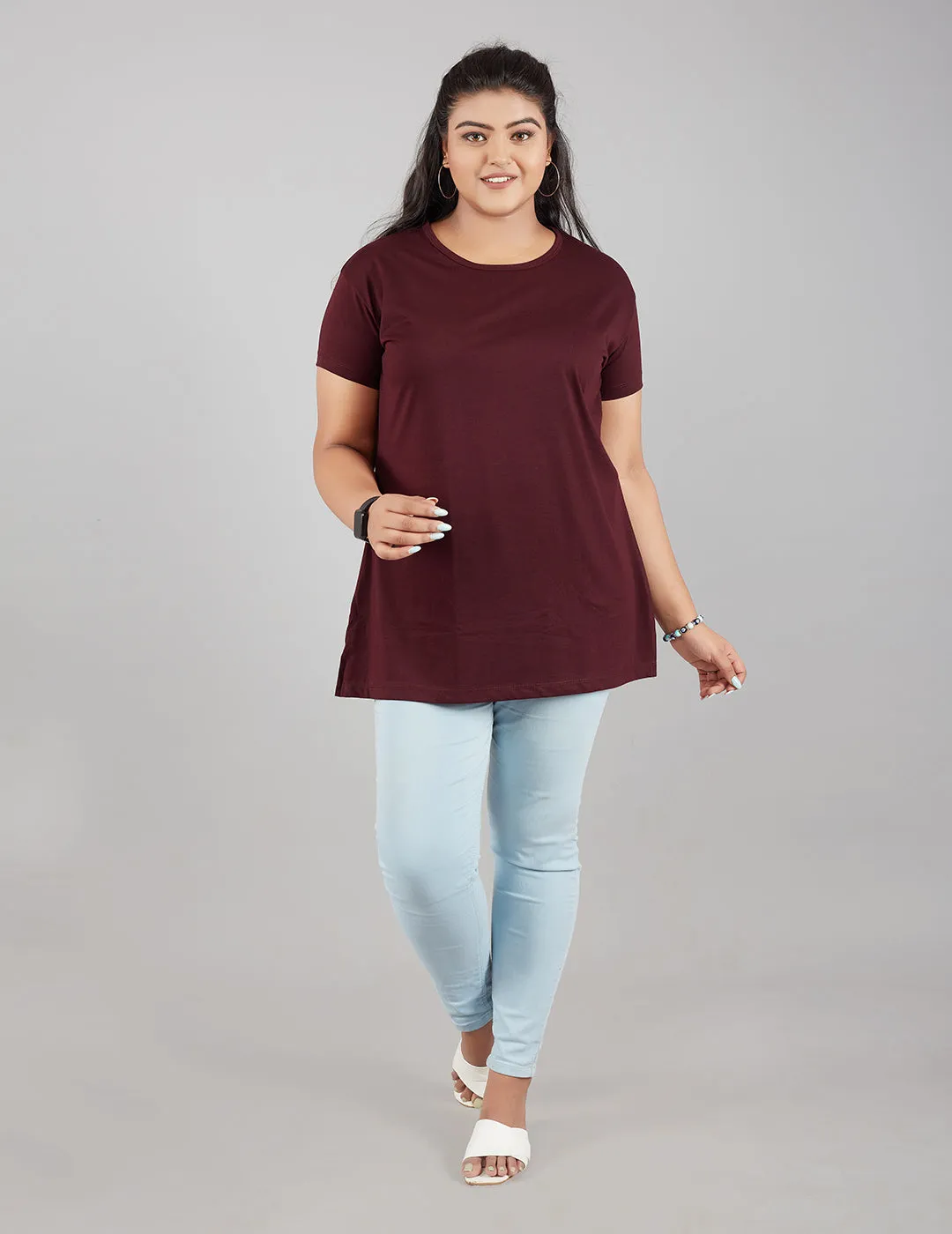 Plus Size Plain Cotton T-Shirt For Women - Wine